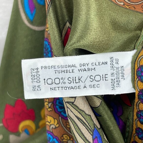 Vintage Floral Print 100% Silk Large Square Scarf Olive Green Made in Japan - Picture 10 of 13